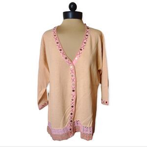 Storybook Knits Summer Gold Crochet Trim Peach Pink Cardigan Large